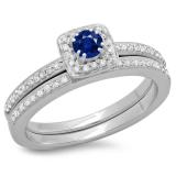 0.50 Carat (ctw) 10K White Gold Round Cut Blue Sapphire & White Diamond Ladies Bridal Halo Engagement Ring With Matching Band Set 1/2 CT