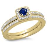 0.50 Carat (ctw) 10K Yellow Gold Round Cut Blue Sapphire & White Diamond Ladies Bridal Halo Engagement Ring With Matching Band Set 1/2 CT