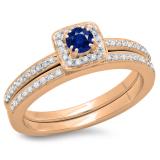 0.50 Carat (ctw) 18K Rose Gold Round Cut Blue Sapphire & White Diamond Ladies Bridal Halo Engagement Ring With Matching Band Set 1/2 CT