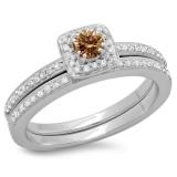 0.50 Carat (ctw) 10K White Gold Round Cut Champagne & White Diamond Ladies Bridal Halo Engagement Ring With Matching Band Set 1/2 CT