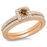0.50 Carat (ctw) 14K Rose Gold Round Cut Champagne & White Diamond Ladies Bridal Halo Engagement Ring With Matching Band Set 1/2 CT