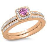 0.50 Carat (ctw) 10K Rose Gold Round Cut Pink Sapphire & White Diamond Ladies Bridal Halo Engagement Ring With Matching Band Set 1/2 CT