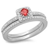 0.50 Carat (ctw) 10K White Gold Round Cut Red Ruby & White Diamond Ladies Bridal Halo Engagement Ring With Matching Band Set 1/2 CT