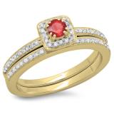 0.50 Carat (ctw) 10K Yellow Gold Round Cut Red Ruby & White Diamond Ladies Bridal Halo Engagement Ring With Matching Band Set 1/2 CT