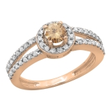 0.90 Carat (ctw) 10K Rose Gold Round Cut Champagne & White Diamond Ladies Bridal Split Shank Halo Style Engagement Ring