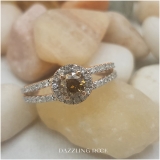 0.90 Carat (ctw) 10K Rose Gold Round Cut Champagne & White Diamond Ladies Bridal Split Shank Halo Style Engagement Ring
