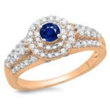 1.00 Carat (ctw) 10K Rose Gold Round Cut Blue Sapphire & White Diamond Ladies Vintage Style Bridal Halo Engagement Ring 1 CT
