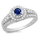 1.00 Carat (ctw) 10K White Gold Round Cut Blue Sapphire & White Diamond Ladies Vintage Style Bridal Halo Engagement Ring 1 CT
