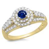 1.00 Carat (ctw) 14K Yellow Gold Round Cut Blue Sapphire & White Diamond Ladies Vintage Style Bridal Halo Engagement Ring 1 CT