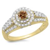 1.00 Carat (ctw) 10K Yellow Gold Round Cut Champagne & White Diamond Ladies Vintage Style Bridal Halo Engagement Ring 1 CT
