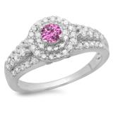 1.00 Carat (ctw) 10K White Gold Round Cut Pink Sapphire & White Diamond Ladies Vintage Style Bridal Halo Engagement Ring 1 CT