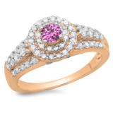 1.00 Carat (ctw) 18K Rose Gold Round Cut Pink Sapphire & White Diamond Ladies Vintage Style Bridal Halo Engagement Ring 1 CT