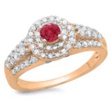 1.00 Carat (ctw) 10K Rose Gold Round Cut Red Ruby & White Diamond Ladies Vintage Style Bridal Halo Engagement Ring 1 CT