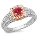 0.75 Carat (ctw) 10K Two Tone Gold Round Cut Red Ruby & White Diamond Ladies Split Shank Bridal Halo Engagement Ring 3/4 CT