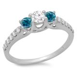 0.75 Carat (ctw) 14K White Gold Round Cut Blue & White Diamond Ladies Bridal 3 Stone Engagement Ring 3/4 CT