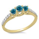 0.75 Carat (ctw) 14K Yellow Gold Round Cut Blue & White Diamond Ladies Bridal 3 Stone Engagement Ring 3/4 CT