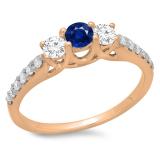 0.75 Carat (ctw) 14K Rose Gold Round Cut Blue Sapphire & White Diamond Ladies Bridal 3 Stone Engagement Ring 3/4 CT