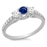 0.75 Carat (ctw) 14K White Gold Round Cut Blue Sapphire & White Diamond Ladies Bridal 3 Stone Engagement Ring 3/4 CT