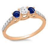 0.75 Carat (ctw) 10K Rose Gold Round Cut Blue Sapphire & White Diamond Ladies Bridal 3 Stone Engagement Ring 3/4 CT
