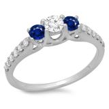 0.75 Carat (ctw) 10K White Gold Round Cut Blue Sapphire & White Diamond Ladies Bridal 3 Stone Engagement Ring 3/4 CT