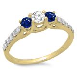 0.75 Carat (ctw) 14K Yellow Gold Round Cut Blue Sapphire & White Diamond Ladies Bridal 3 Stone Engagement Ring 3/4 CT