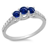 0.75 Carat (ctw) 14K White Gold Round Cut Blue Sapphire & White Diamond Ladies Bridal 3 Stone Engagement Ring 3/4 CT