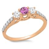0.75 Carat (ctw) 10K Rose Gold Round Cut Pink Sapphire & White Diamond Ladies Bridal 3 Stone Engagement Ring 3/4 CT