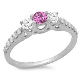 0.75 Carat (ctw) 14K White Gold Round Cut Pink Sapphire & White Diamond Ladies Bridal 3 Stone Engagement Ring 3/4 CT