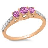 0.75 Carat (ctw) 14K Rose Gold Round Cut Pink Sapphire & White Diamond Ladies Bridal 3 Stone Engagement Ring 3/4 CT