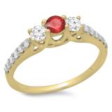 0.75 Carat (ctw) 14K Yellow Gold Round Cut Red Ruby & White Diamond Ladies Bridal 3 Stone Engagement Ring 3/4 CT