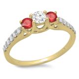 0.75 Carat (ctw) 18K Yellow Gold Round Cut Red Ruby & White Diamond Ladies Bridal 3 Stone Engagement Ring 3/4 CT