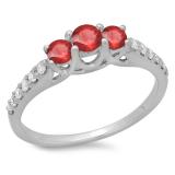0.75 Carat (ctw) 14K White Gold Round Cut Red Ruby & White Diamond Ladies Bridal 3 Stone Engagement Ring 3/4 CT