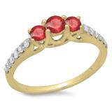 0.75 Carat (ctw) 14K Yellow Gold Round Cut Red Ruby & White Diamond Ladies Bridal 3 Stone Engagement Ring 3/4 CT