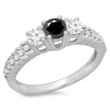 1.00 Carat (ctw) 10K White Gold Round Cut Black & White Diamond Ladies Bridal 3 Stone Engagement Ring 1 CT
