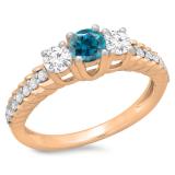 1.00 Carat (ctw) 10K Rose Gold Round Cut Blue & White Diamond Ladies Bridal 3 Stone Engagement Ring 1 CT