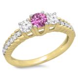 1.00 Carat (ctw) 14K Yellow Gold Round Cut Pink Sapphire & White Diamond Ladies Bridal 3 Stone Engagement Ring 1 CT