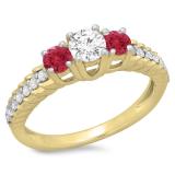 1.00 Carat (ctw) 18K Yellow Gold Round Cut Red Ruby & White Diamond Ladies Bridal 3 Stone Engagement Ring 1 CT