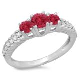 1.00 Carat (ctw) 14K White Gold Round Cut Red Ruby & White Diamond Ladies Bridal 3 Stone Engagement Ring 1 CT