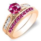 1.00 Carat (ctw) 14K Rose Gold Round Pink Ruby & White Diamond Ladies Bridal Engagement Ring Set With Matching Band 1 CT
