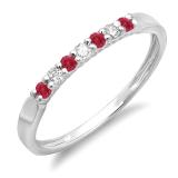 0.25 Carat (ctw) 10K White Gold Round Red Ruby & White Diamond Ladies 7 Stone Anniversary Wedding Band Stackable Ring 1/4 CT