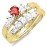 1.00 Carat (ctw) 10K Yellow Gold Round Princess & Baguette Cut Red Ruby & White Diamond Ladies Bridal Engagement Ring Set 1 CT