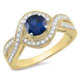 1.15 Carat (ctw) 10K Yellow Gold Round Cut Blue Sapphire & White Diamond Ladies Twisted Swirl Split Shank Bridal Halo Engagement Ring