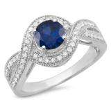 1.15 Carat (ctw) 14K White Gold Round Cut Blue Sapphire & White Diamond Ladies Twisted Swirl Split Shank Bridal Halo Engagement Ring