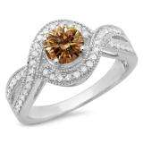 1.15 Carat (ctw) 10K White Gold Round Cut Champagne & White Diamond Ladies Twisted Swirl Split Shank Bridal Halo Engagement Ring