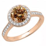 1.15 Carat (ctw) 10K Rose Gold Round Champagne & White Diamond Ladies Bridal Halo Style Engagement Ring