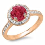 1.15 Carat (ctw) 14K Rose Gold Round Red Ruby & White Diamond Ladies Bridal Halo Style Engagement Ring
