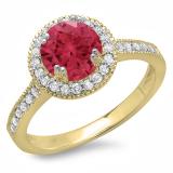 1.15 Carat (ctw) 14K Yellow Gold Round Red Ruby & White Diamond Ladies Bridal Halo Style Engagement Ring