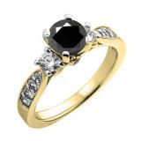 1.00 Carat (ctw) 14K Yellow Gold Round Black & White Diamond Ladies 3 Stone Bridal Engagement Ring 1 CT