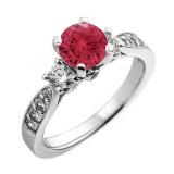 1.00 Carat (ctw) 14K White Gold Round Red Ruby & White Diamond Ladies 3 Stone Bridal Engagement Ring 1 CT