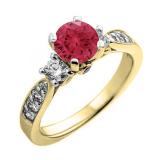 1.00 Carat (ctw) 14K Yellow Gold Round Red Ruby & White Diamond Ladies 3 Stone Bridal Engagement Ring 1 CT